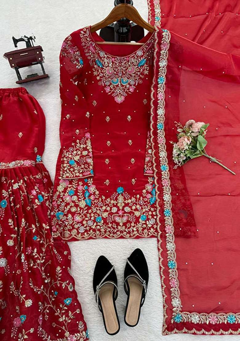 Red Embroidered Silk Blend Sharara Set - Indya