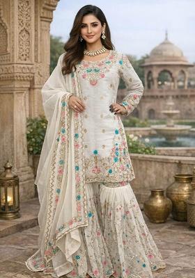 White Embroidery Silk Kurta Set