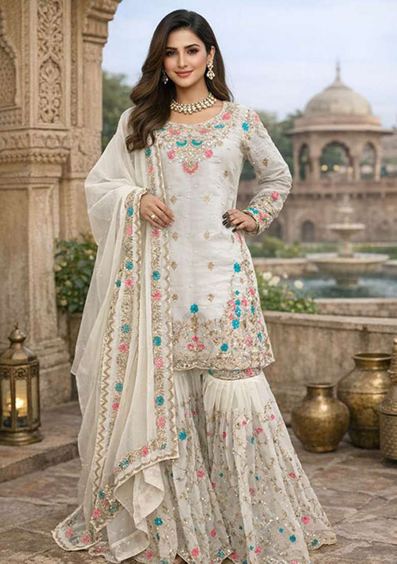 White Embroidered Silk Blend Sharara Set - Indya
