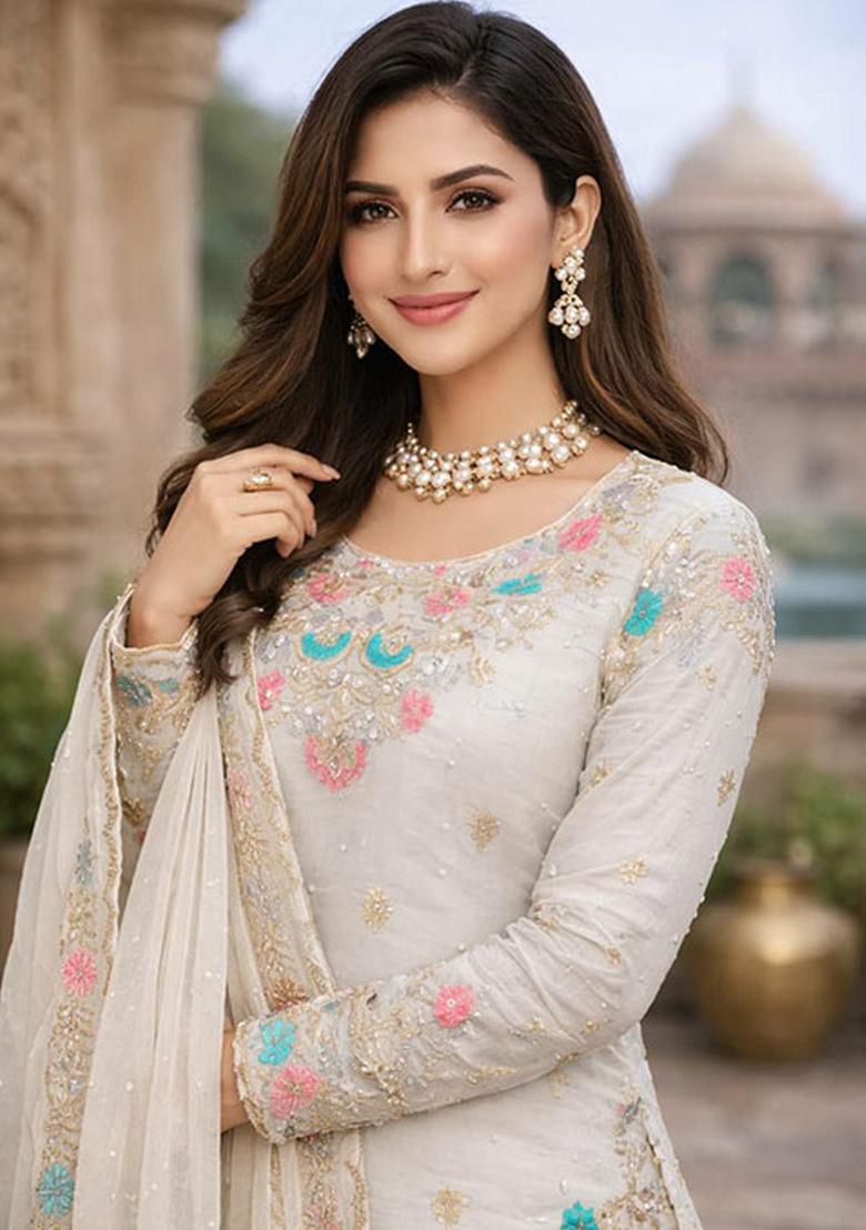 White Embroidery Silk Kurta Set - Indya