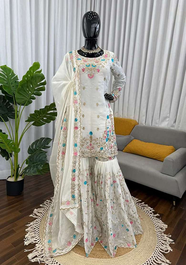 White Embroidered Silk Blend Sharara Set - Indya