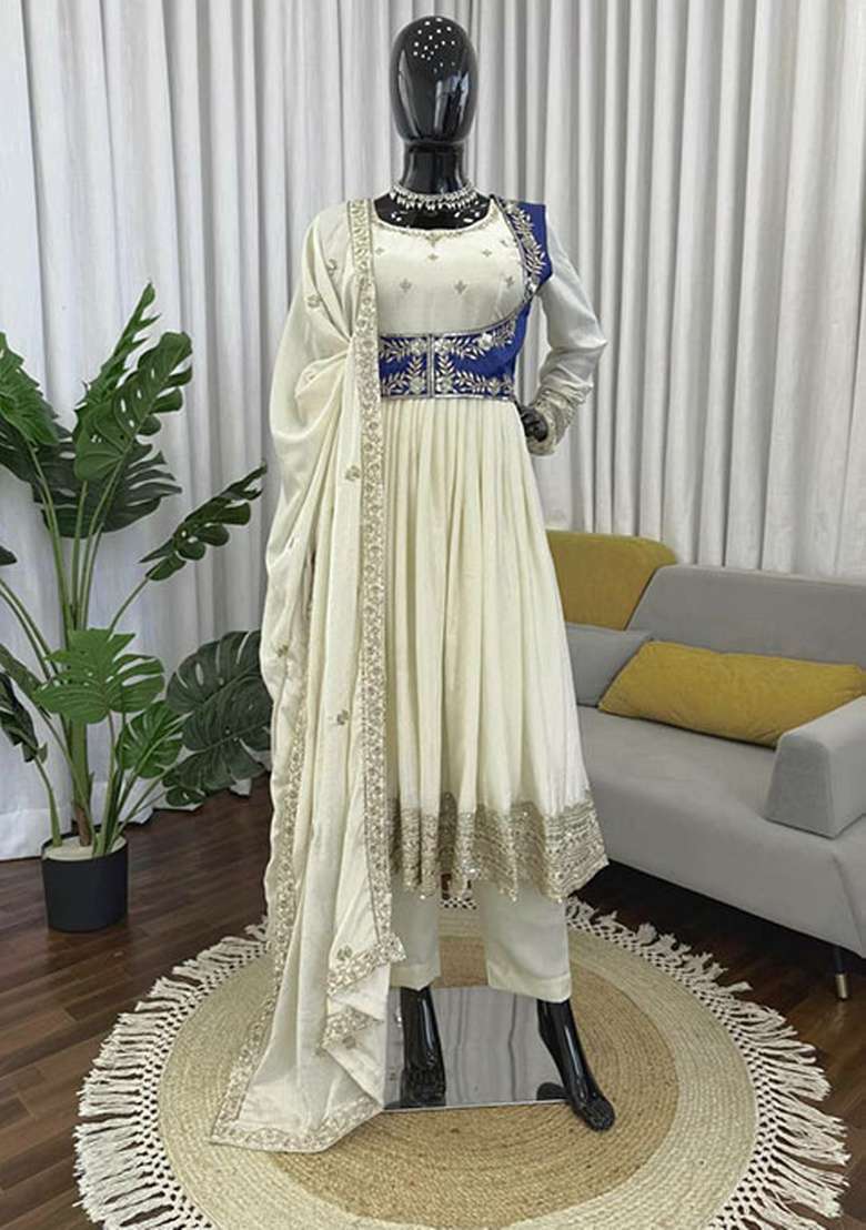 White Embroidered Silk Blend Anarkali Set - Indya