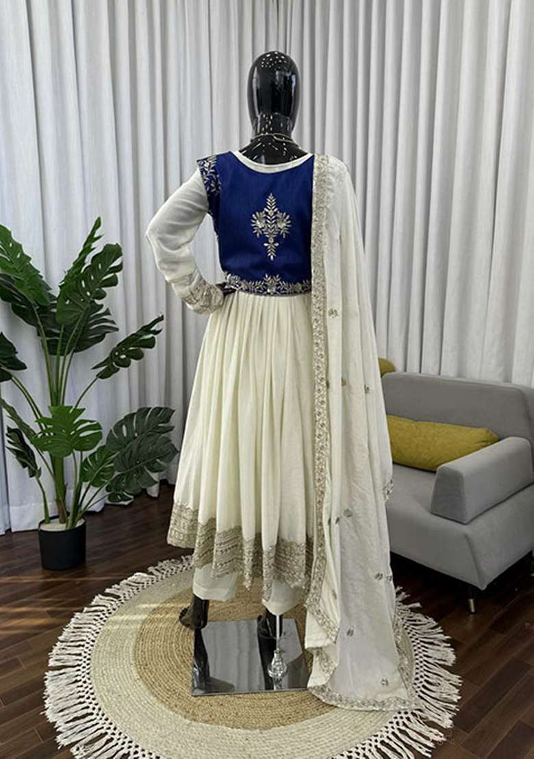 White Embroidered Silk Blend Anarkali Set - Indya