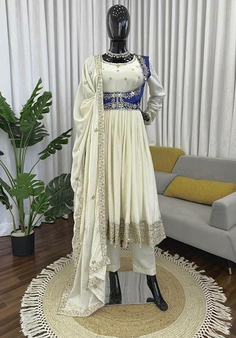 White Embroidery Silk Kurta Set