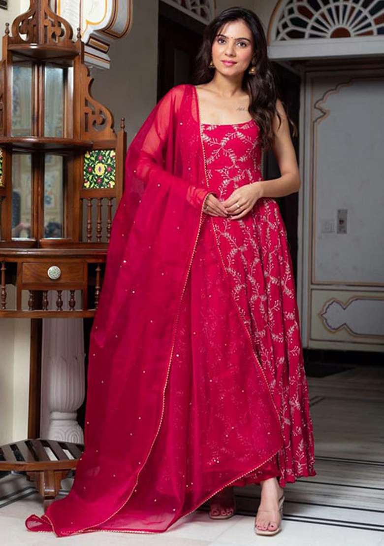 Pink Embroidered Georgette Anarkali Set - Indya