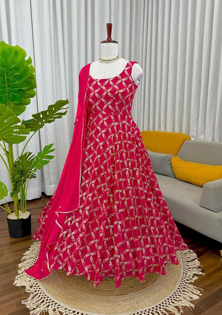 Pink Embroidery Georgette Kurta Set - Indya