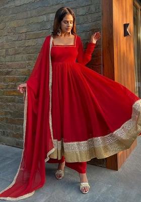 Red Embroidery Georgette Kurta Set