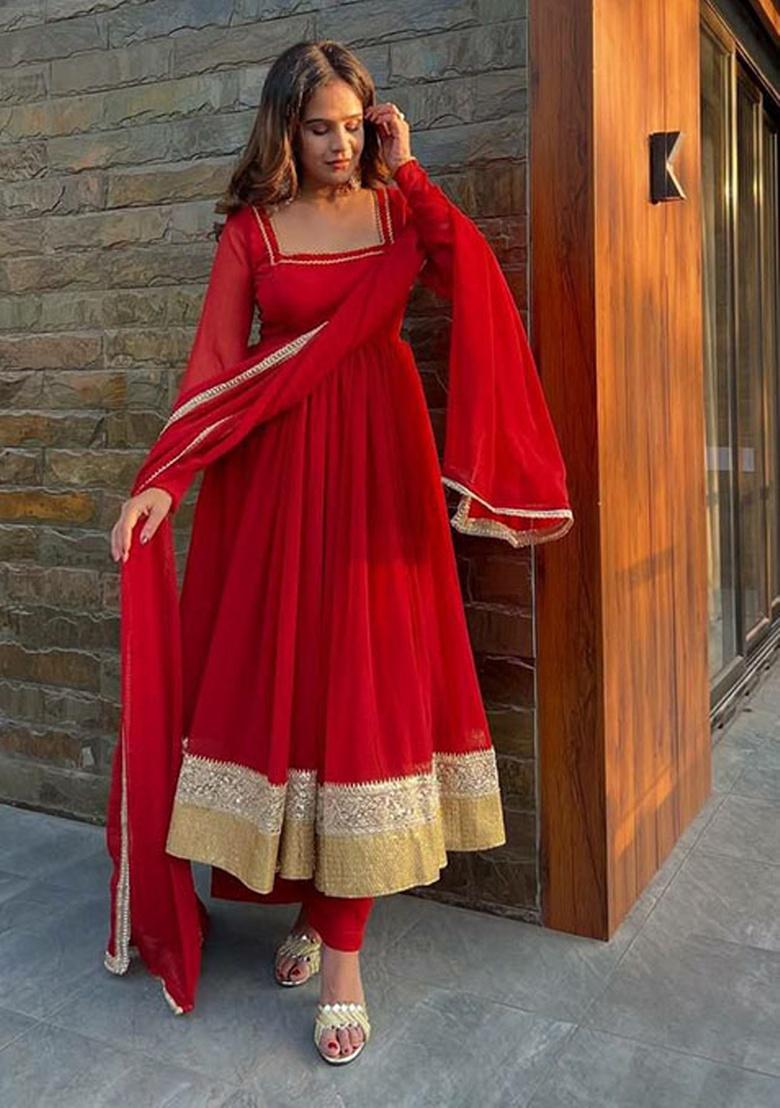 Red Embroidery Georgette Kurta Set - Indya