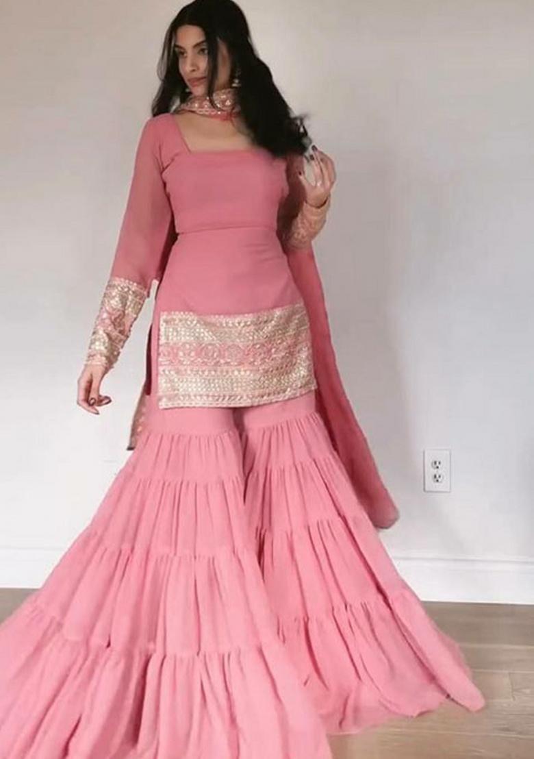 Pink Embroidery Georgette Kurta Set - Indya