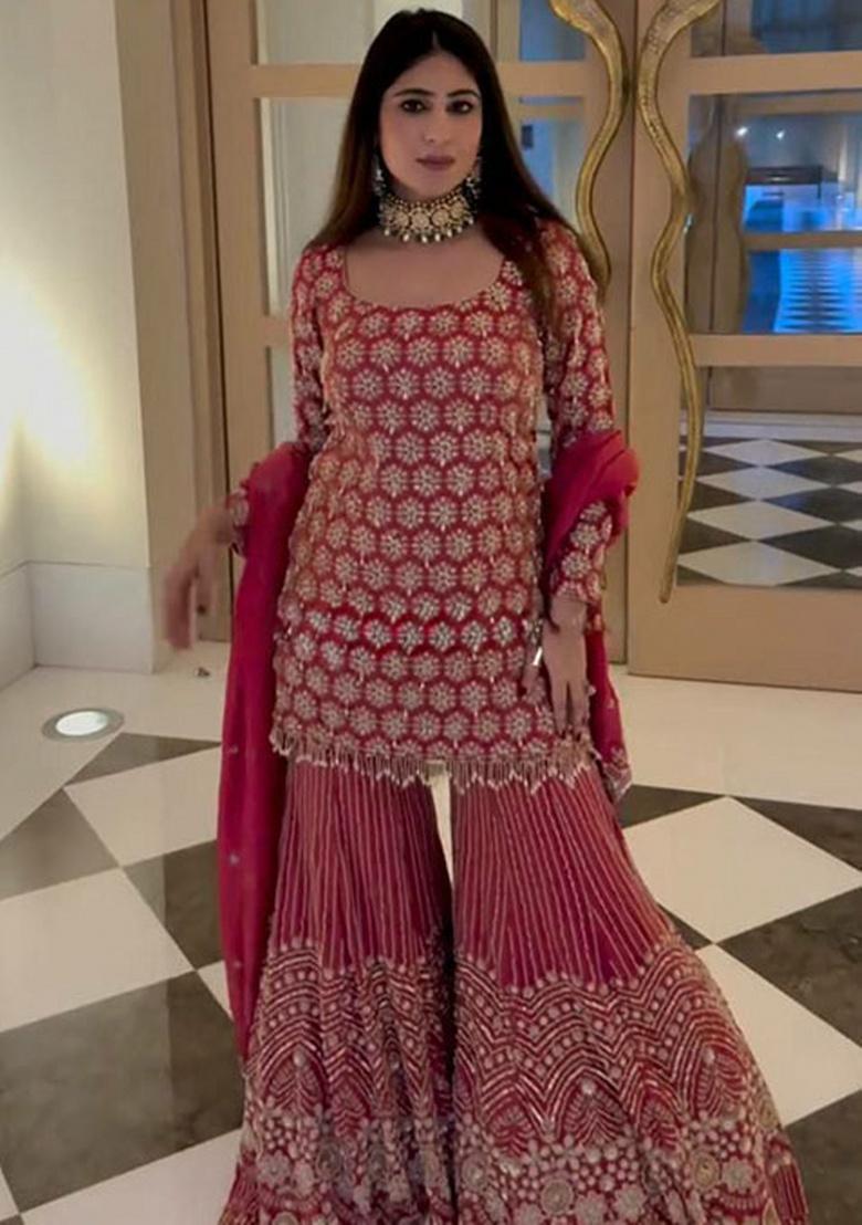 Red Embroidery Georgette Kurta Set - Indya