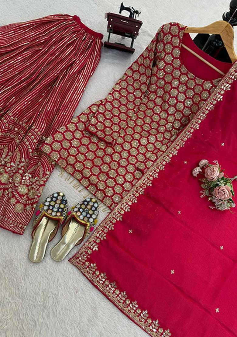 Red Embroidery Georgette Kurta Set - Indya