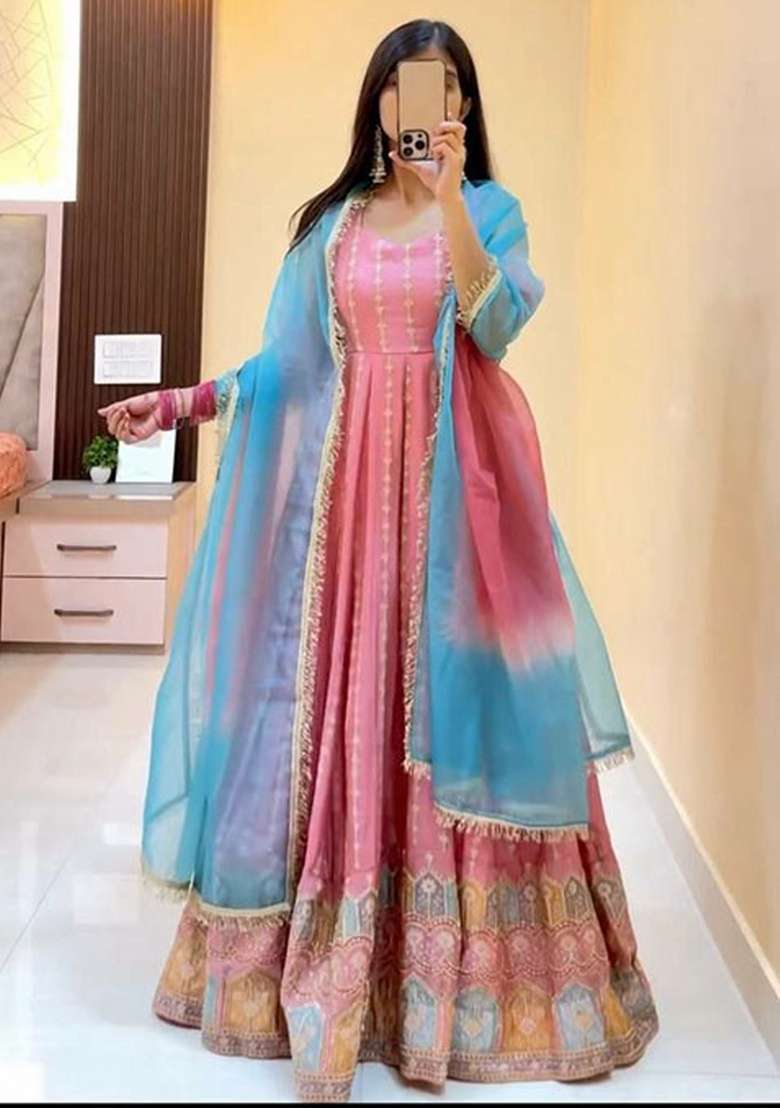 Pink Printed Silk Blend Anarkali Set - Indya