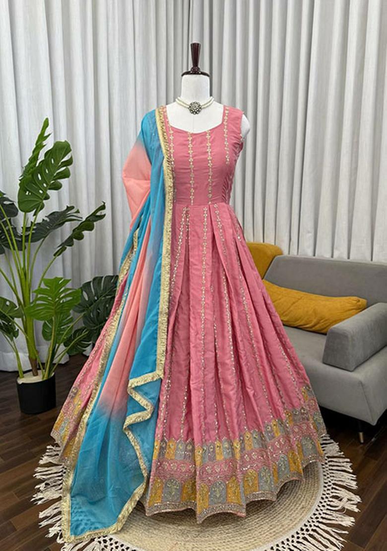 Pink Embroidery Silk Kurta Set - Indya