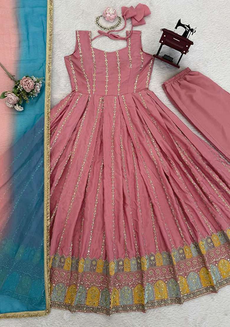Pink Printed Silk Blend Anarkali Set - Indya