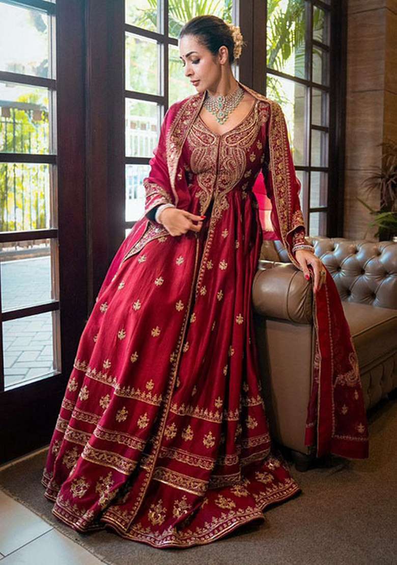 Red Embroidered Silk Blend Anarkali Set - Indya