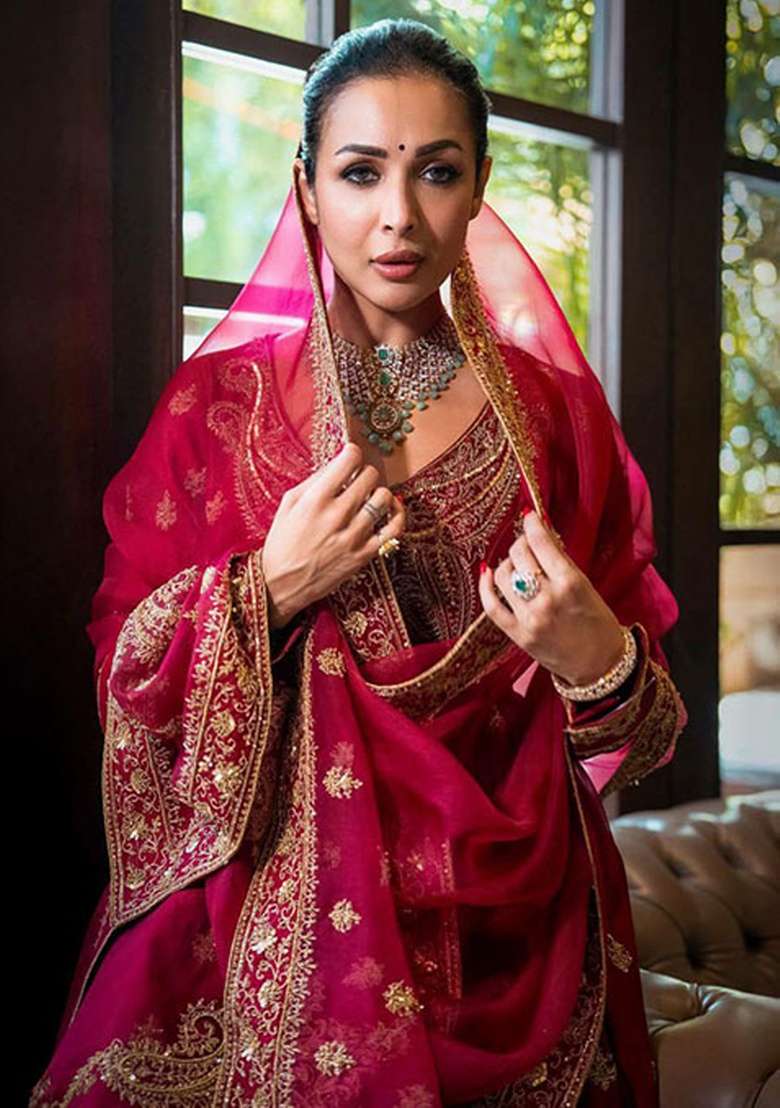 Red Embroidered Silk Blend Anarkali Set - Indya