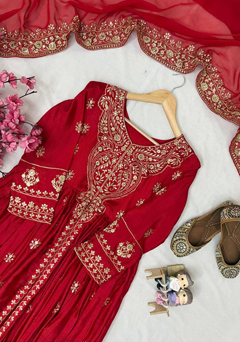 Red Embroidery Silk Kurta Set - Indya