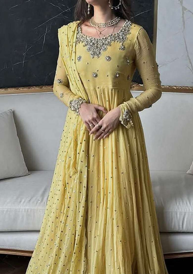 Yellow Embroidered Georgette Anarkali Set - Indya
