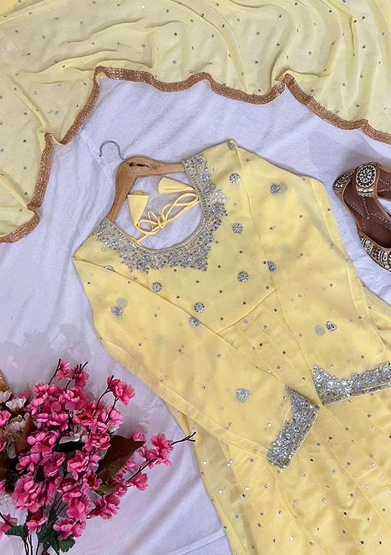 Yellow Embroidered Georgette Anarkali Set - Indya