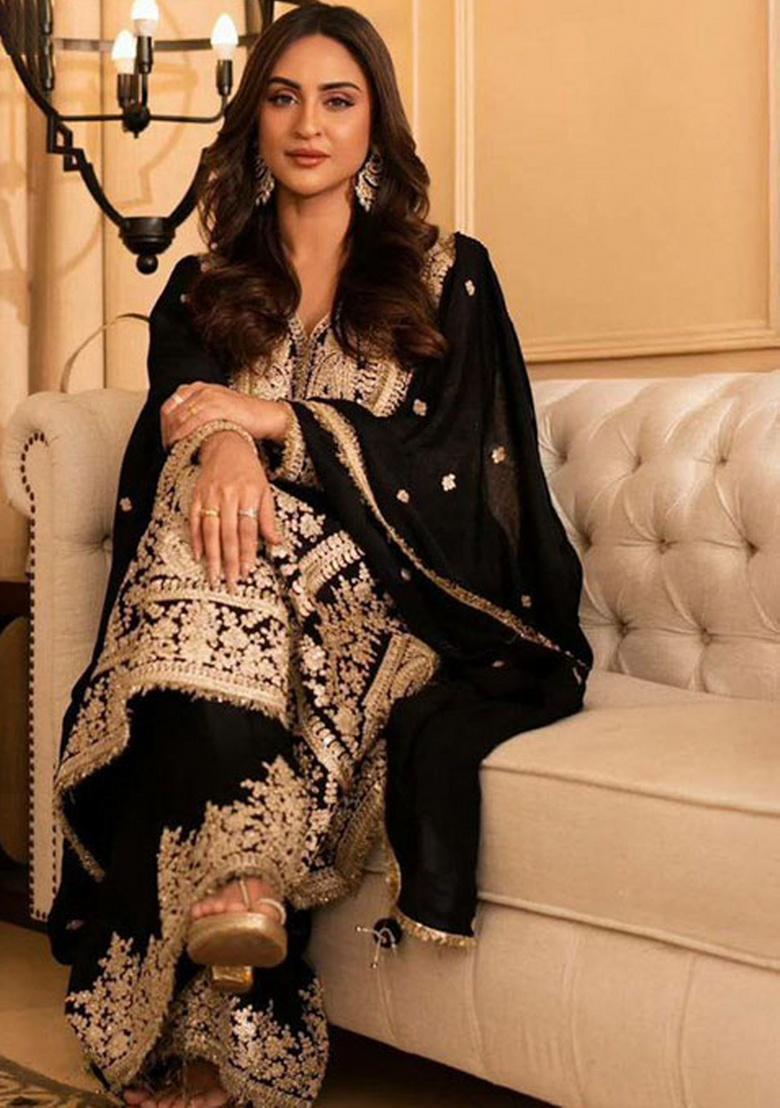 Black Embroidery Georgette Kurta Set - Indya