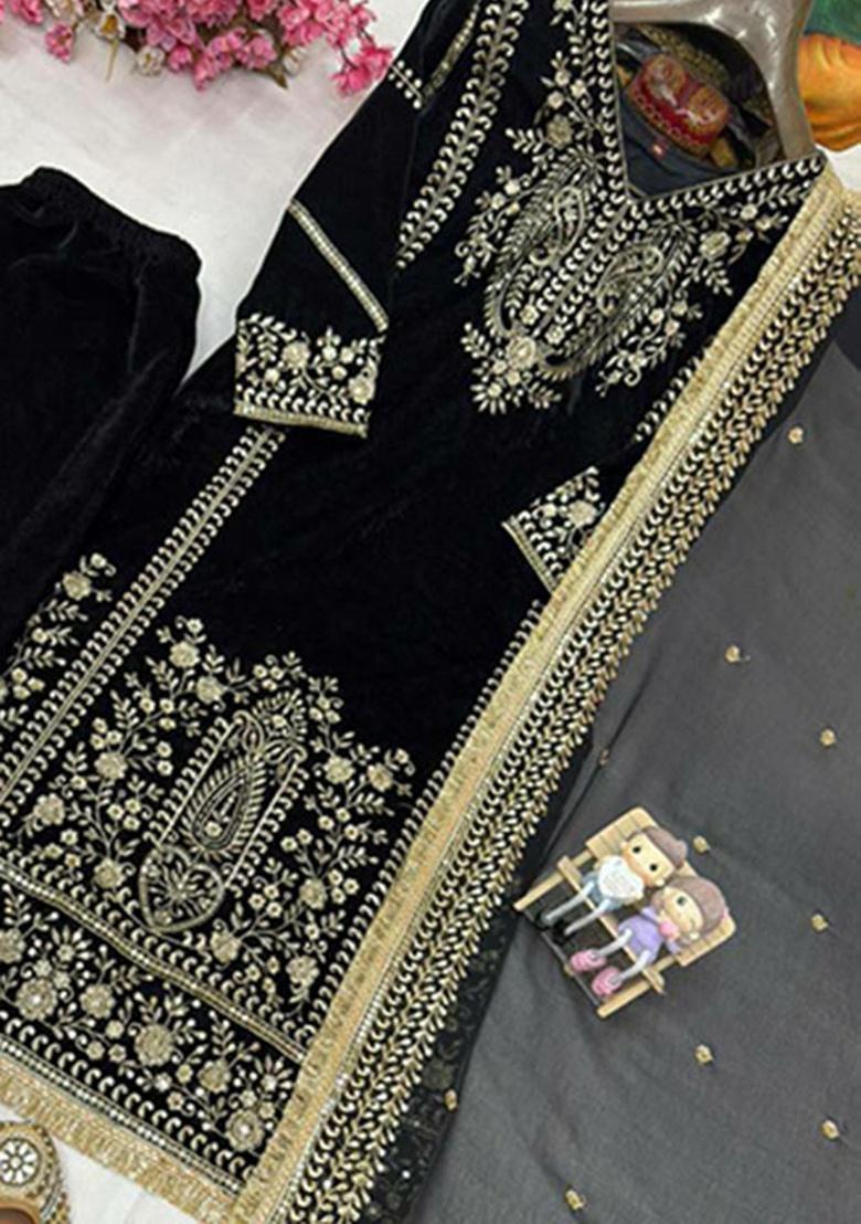 Black Embroidery Georgette Kurta Set - Indya
