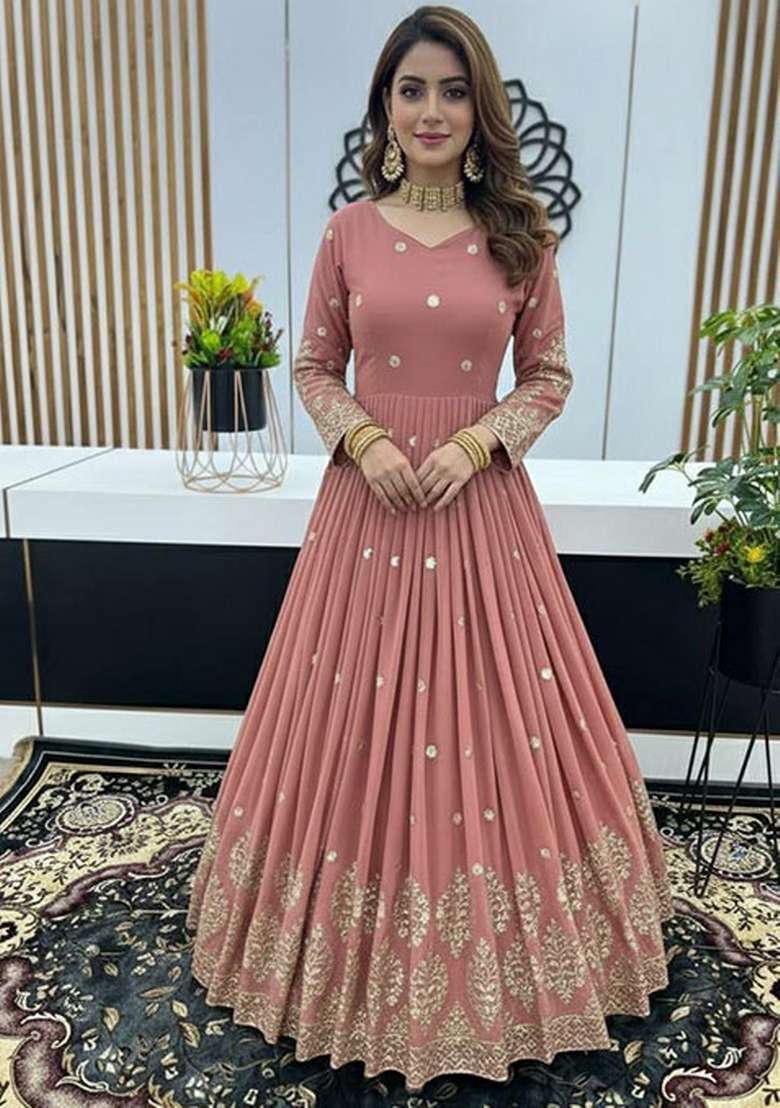 Pink Embroidered Georgette Anarkali Set - Indya