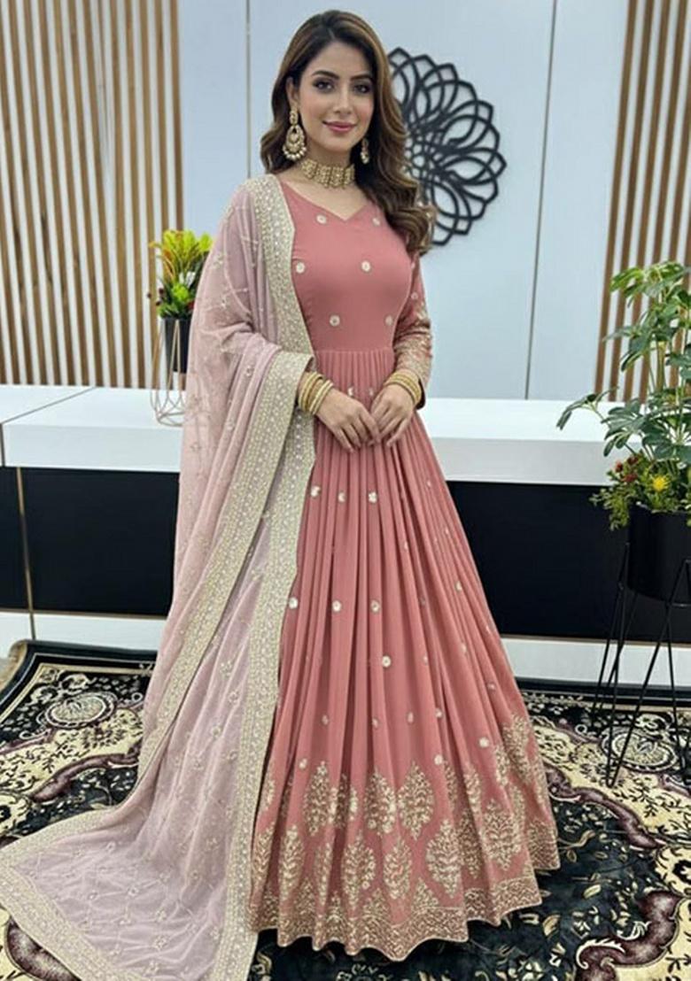 Pink Embroidery Georgette Kurta Set - Indya