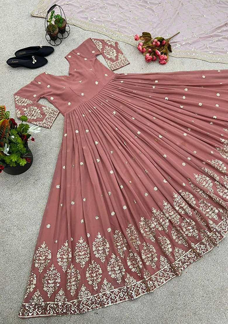 Pink Embroidered Georgette Anarkali Set - Indya