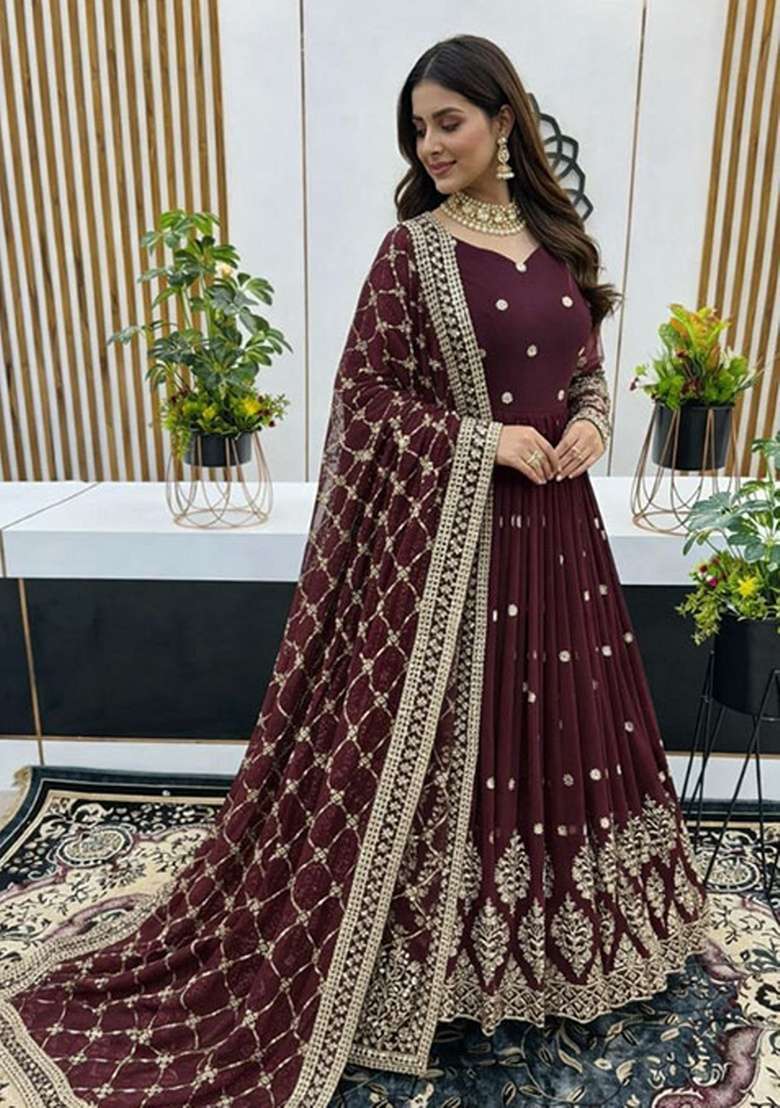 Purple Embroidered Georgette Anarkali Set - Indya