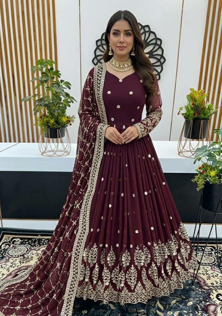 Purple Embroidery Georgette Kurta Set - Indya