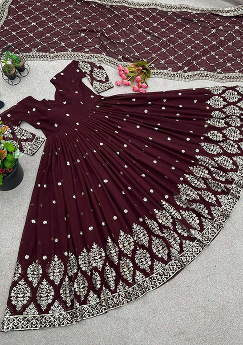 Purple Embroidered Georgette Anarkali Set - Indya