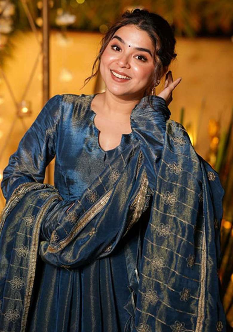 Blue Solid Silk Blend Anarkali Set - Indya