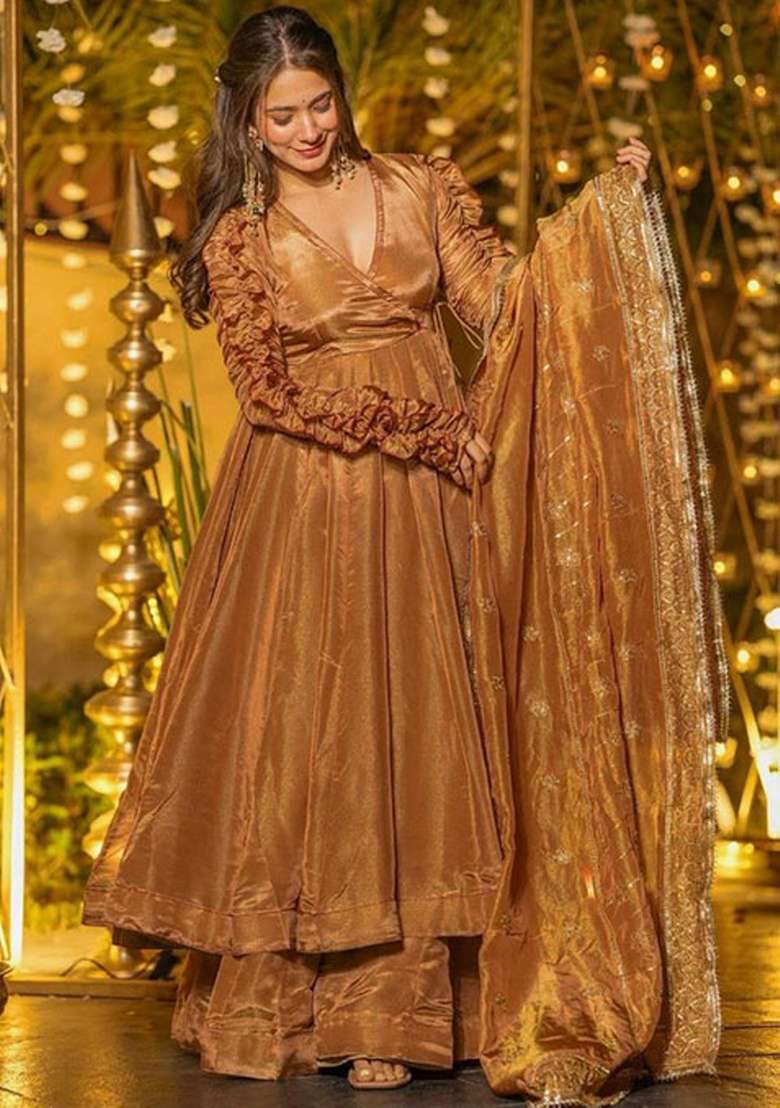 Gold Solid Silk Blend Anarkali Set - Indya