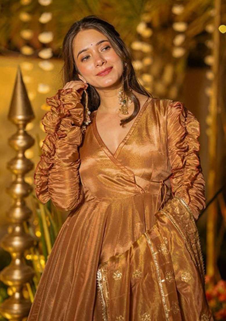 Gold Solid Silk Blend Anarkali Set - Indya