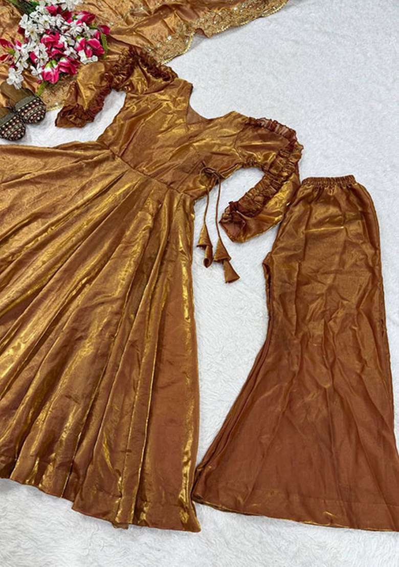 Gold Solid Silk Blend Anarkali Set - Indya