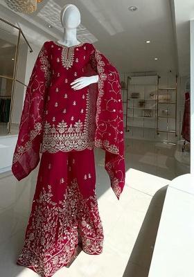Red Embroidery Silk Kurta Set