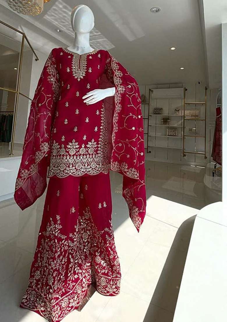 Red Embroidered Silk Blend Sharara Set - Indya