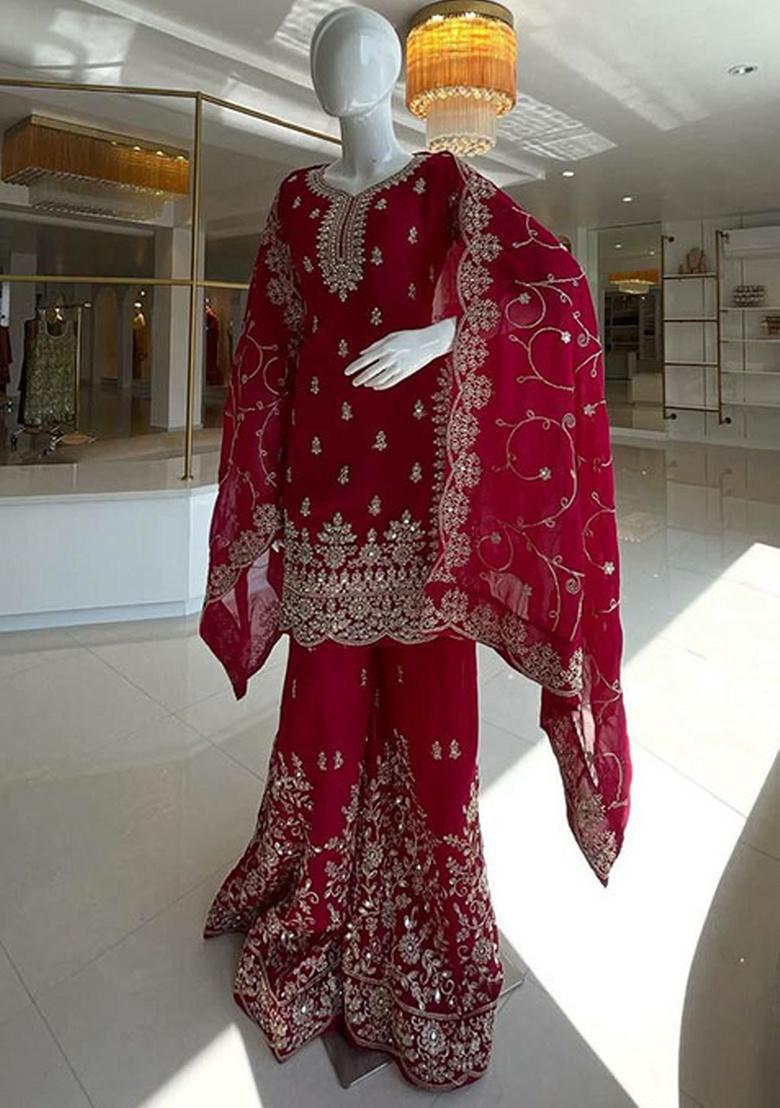 Red Embroidery Silk Kurta Set - Indya