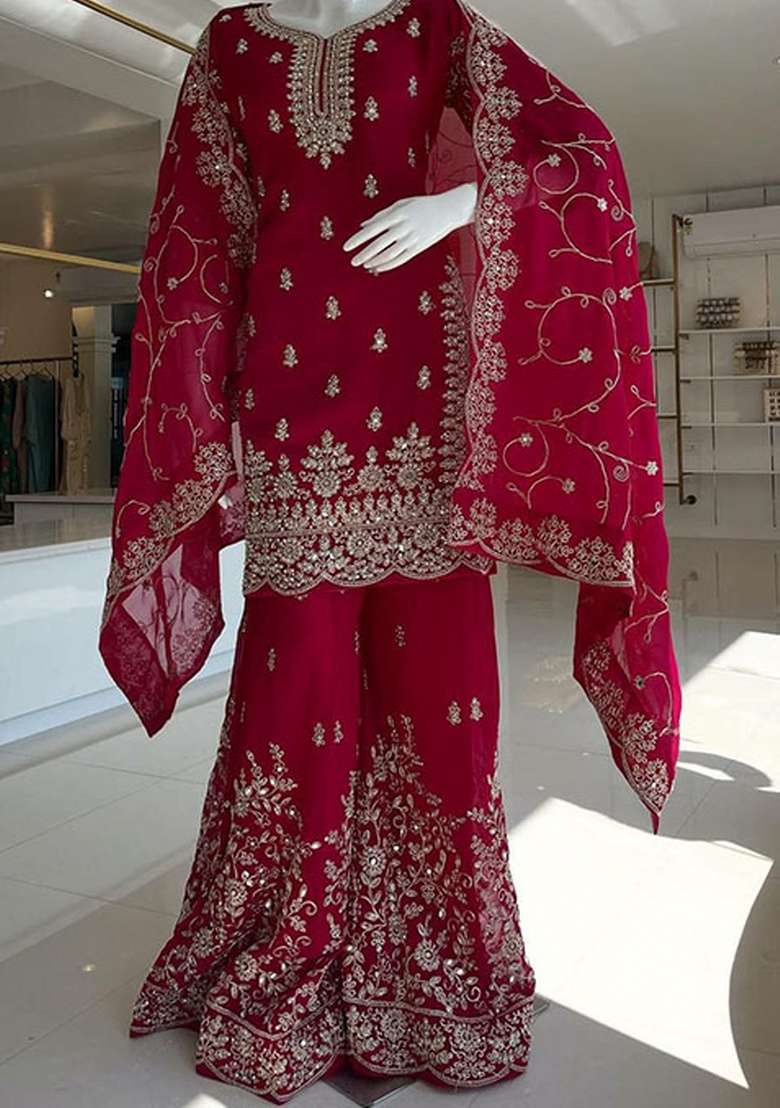 Red Embroidered Silk Blend Sharara Set - Indya