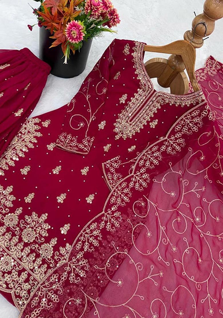 Red Embroidery Silk Kurta Set - Indya