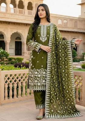 Green Embroidery Silk Kurta Set
