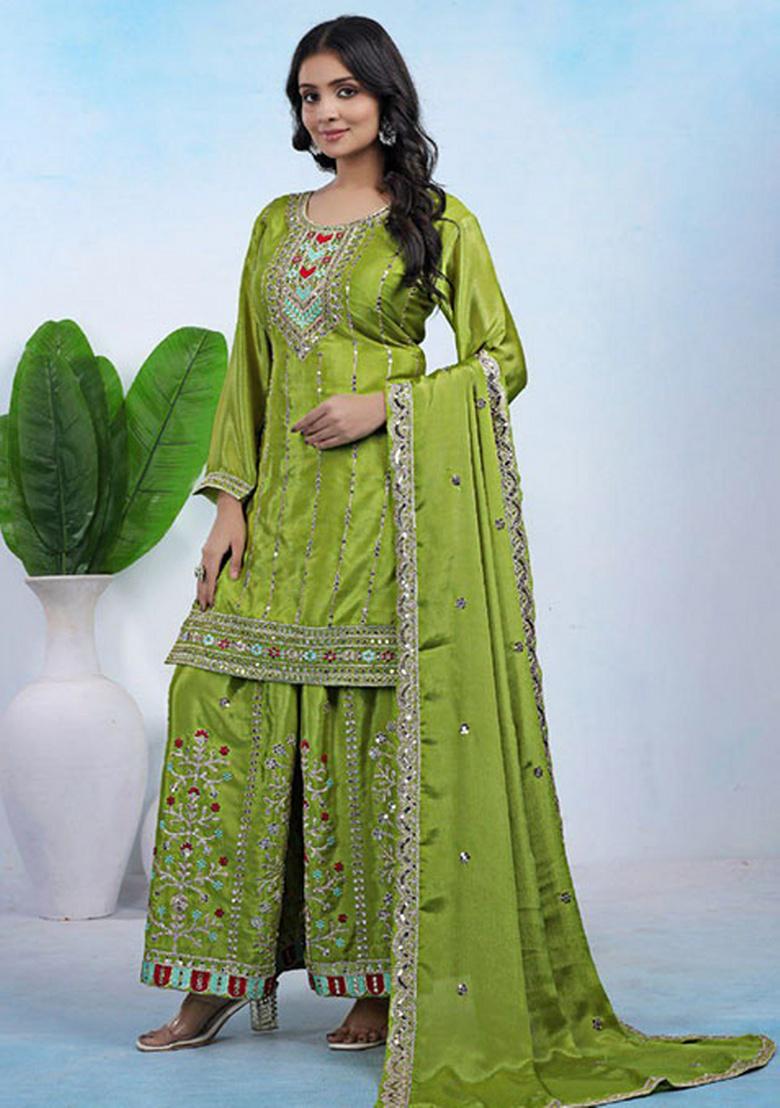 Green Embroidery Chinnon Kurta Set - Indya