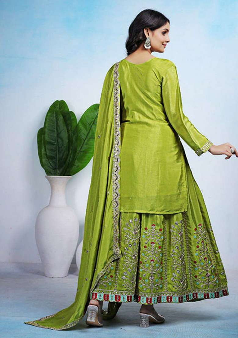 Green Embroidered Chinon Sharara Set - Indya