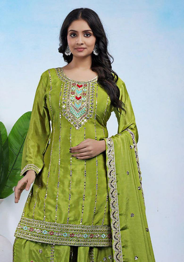 Green Embroidery Chinnon Kurta Set - Indya