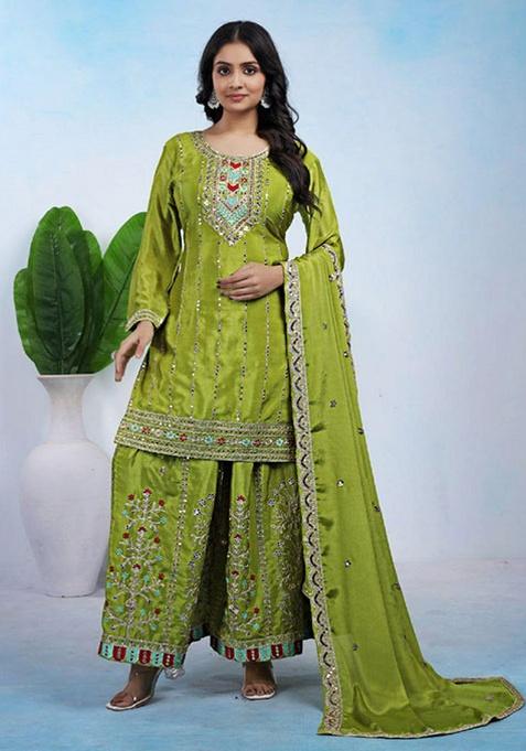 Green Embroidery Chinnon Kurta Set