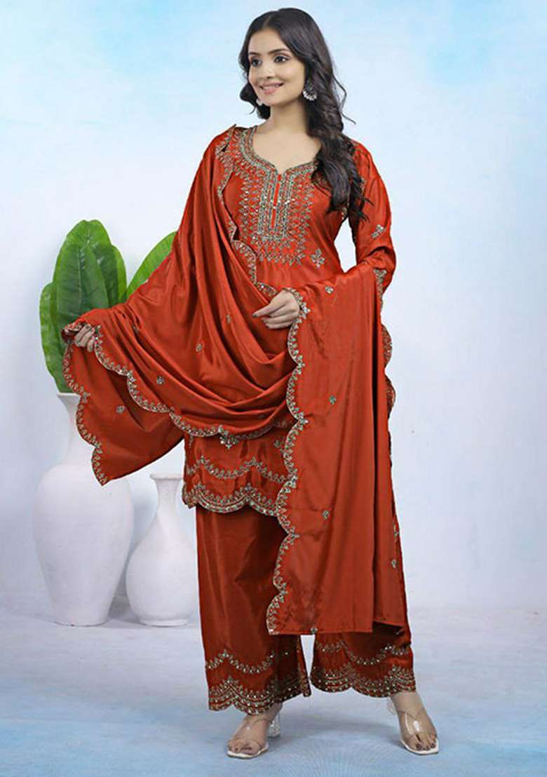 Red Embroidered Crepe Straight Kurta Set - Indya