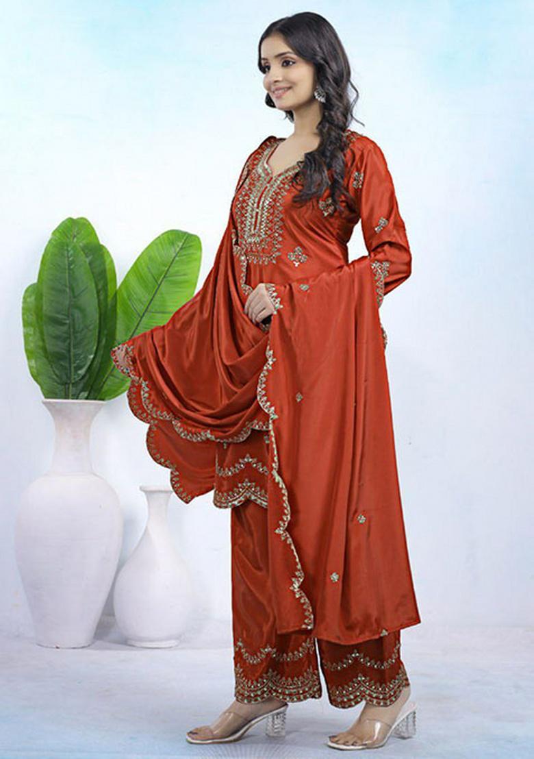 Red Embroidery Crepe Kurta Set - Indya