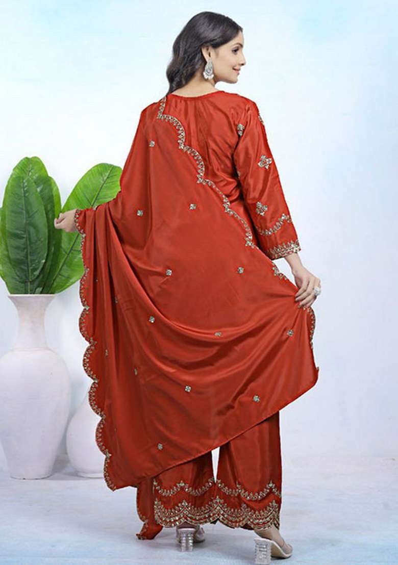Red Embroidered Crepe Straight Kurta Set - Indya