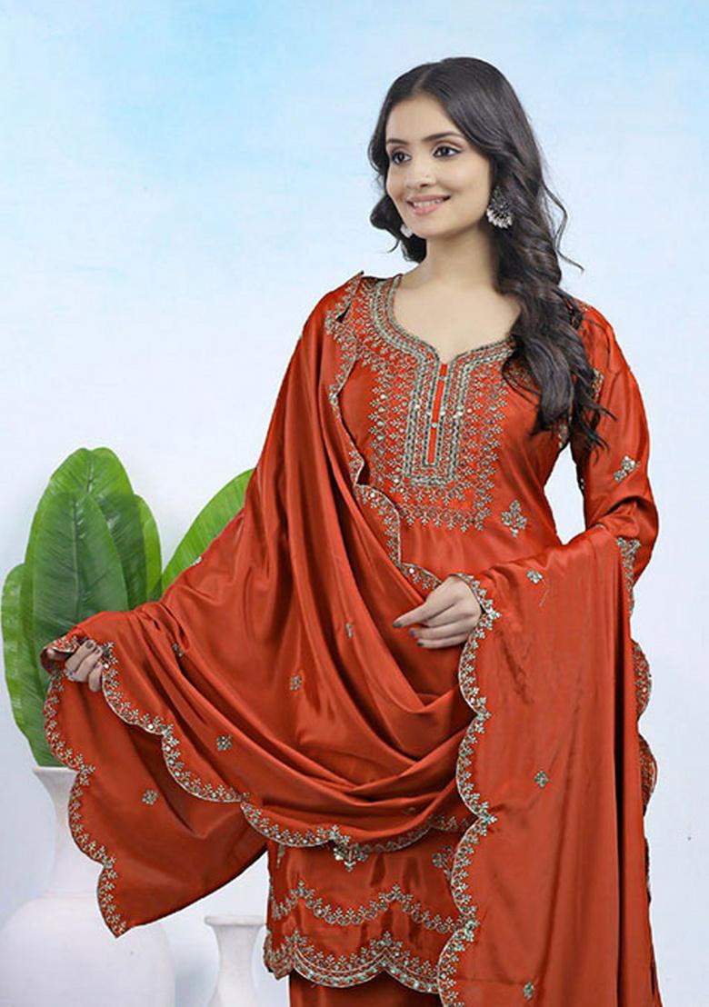 Red Embroidery Crepe Kurta Set - Indya
