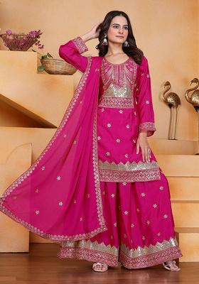 Pink Embroidery Chinnon Kurta Set